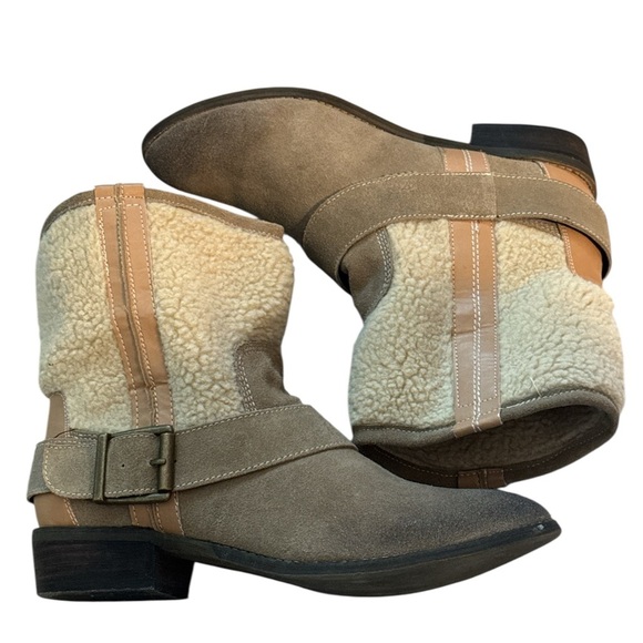 Kelsi Dagger oiled suede leather faux fur side buckle booties boots Sz 8 1/2 - Picture 5 of 12